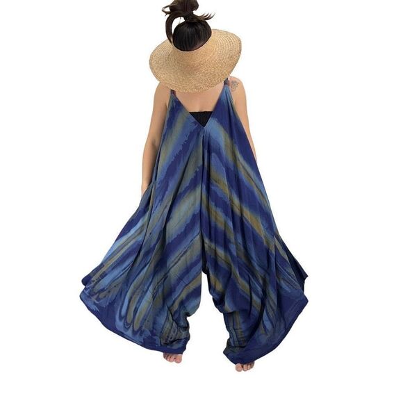 Pōʻalima Blue Tan Tropical Boho Wide Leg Beach Romper - Picture 11 of 14